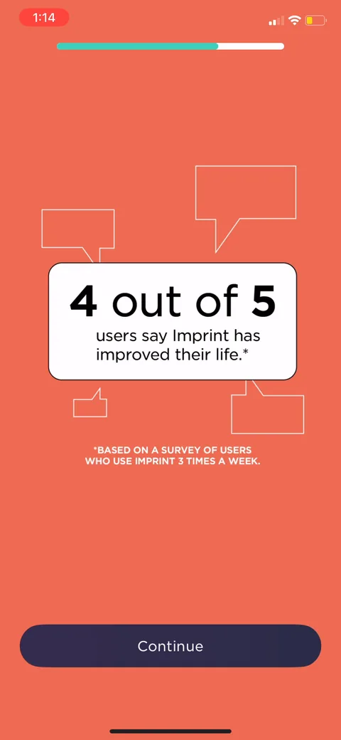 Imprint onboarding screen 22: '4 out of 5 users say imprint has improved their life,' footnoted as users who use it 3x a week