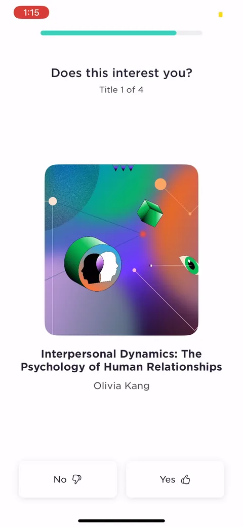 Imprint onboarding screen 28: 'Does this interest you?' Yes/No on a real title, 1 of 4