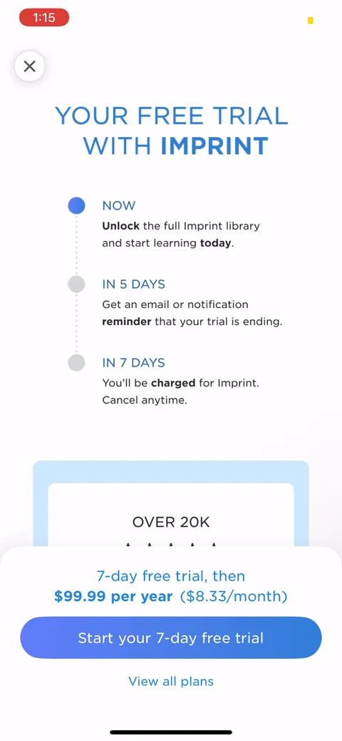 Imprint onboarding screen 37: The paywall: annual default at $99.99/year with a 7-day trial, framed as a Now / In 5 days / In 7 days…