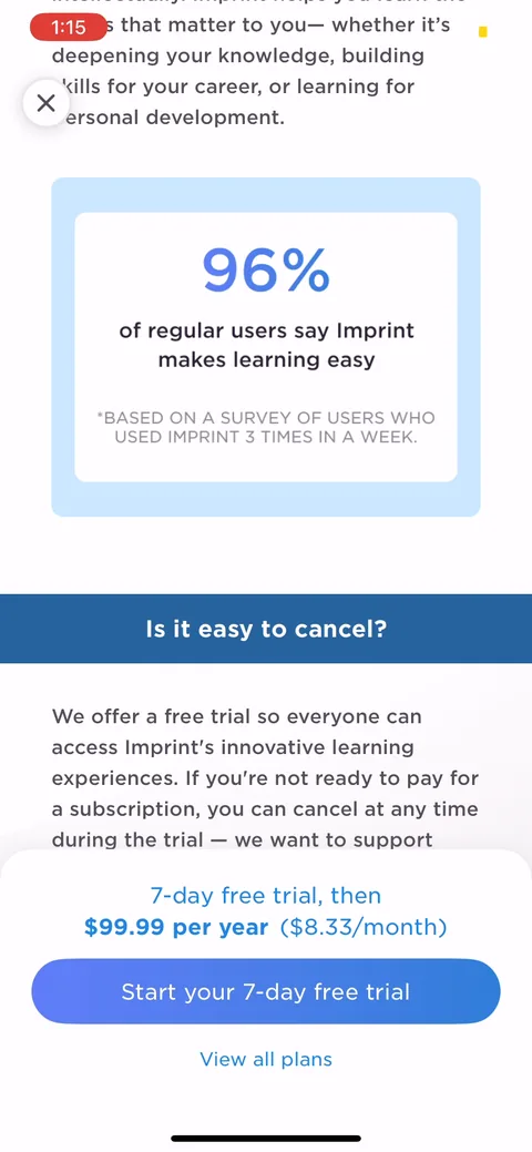 Imprint onboarding screen 42: The paywall keeps scrolling: reviews, a cancel FAQ ('is it easy to cancel'), a library peek with real…