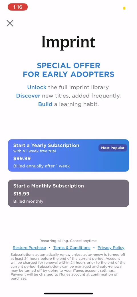 Imprint paywall with pricing, onboarding screen 57