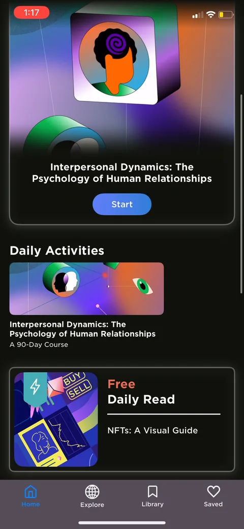 Imprint onboarding screen 65: Post-paywall home drops you straight into the course tied to the title you swiped yes on, not a blank…