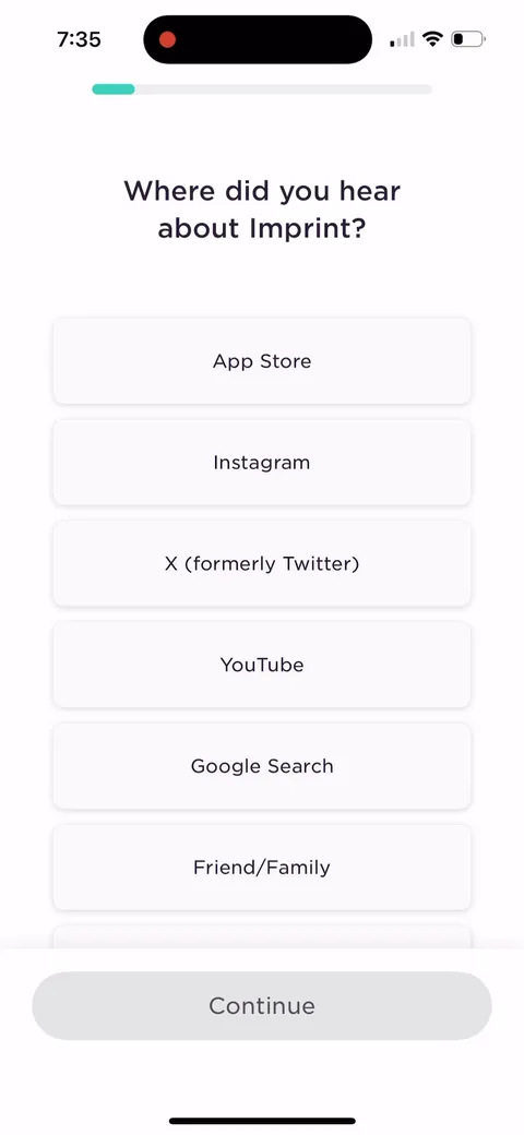 Imprint onboarding screen 6: Self-reported attribution survey right up front: 'where did you hear about imprint' with App Store…