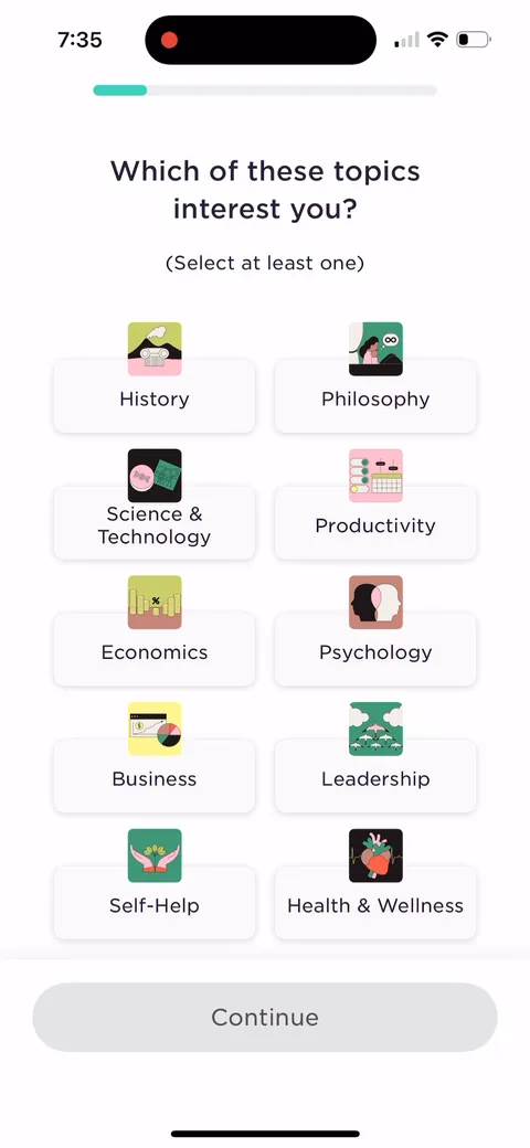 Imprint onboarding screen 7: Topics multi-select, 'select at least one'