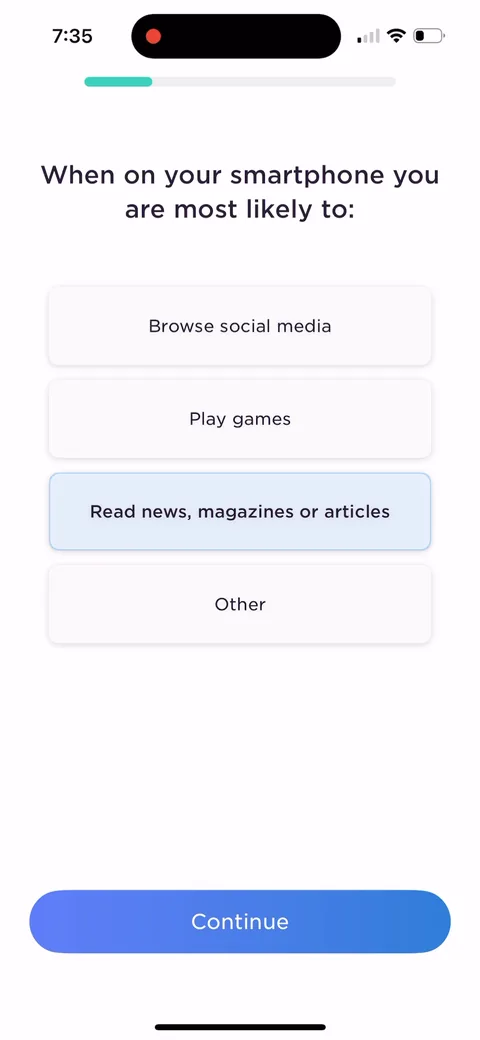 Imprint onboarding screen 10: 'When on your smartphone you are most likely to browse social media, play games, read news.' This isn't…