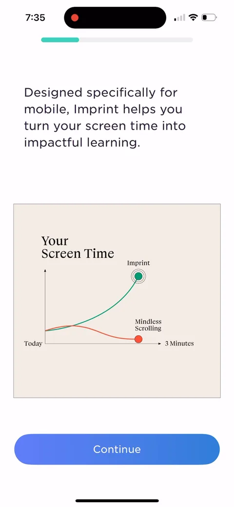 Imprint onboarding screen 11: The screen time chart: their line curves up toward 'Imprint', the 'Mindless Scrolling' line flattens out