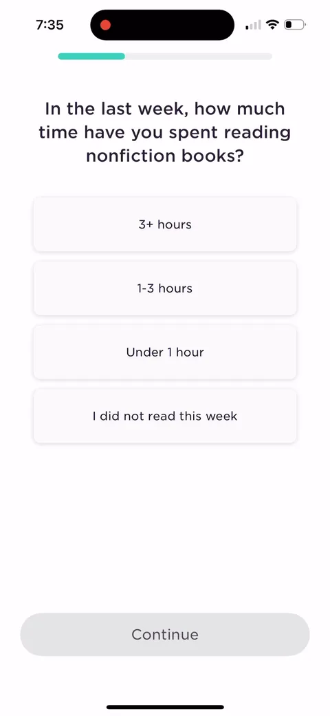 Imprint onboarding screen 13: 'In the last week how much time have you spent reading nonfiction books.' Building the gap