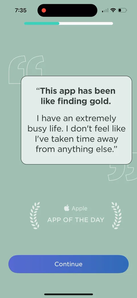 Imprint onboarding screen 17: Testimonial 'this app has been like finding gold