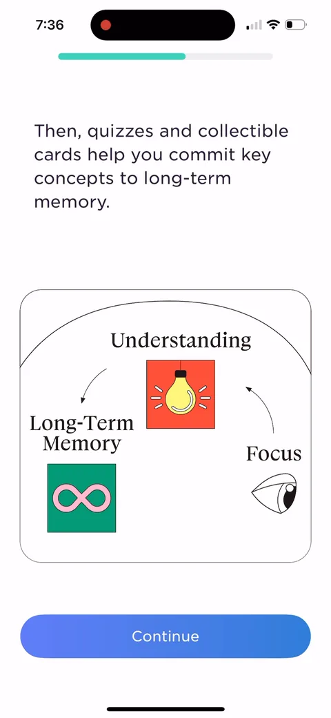 Imprint onboarding screen 24: 'Quizzes and collectible cards help you commit key concepts to long-term memory.' The collectible cards are…