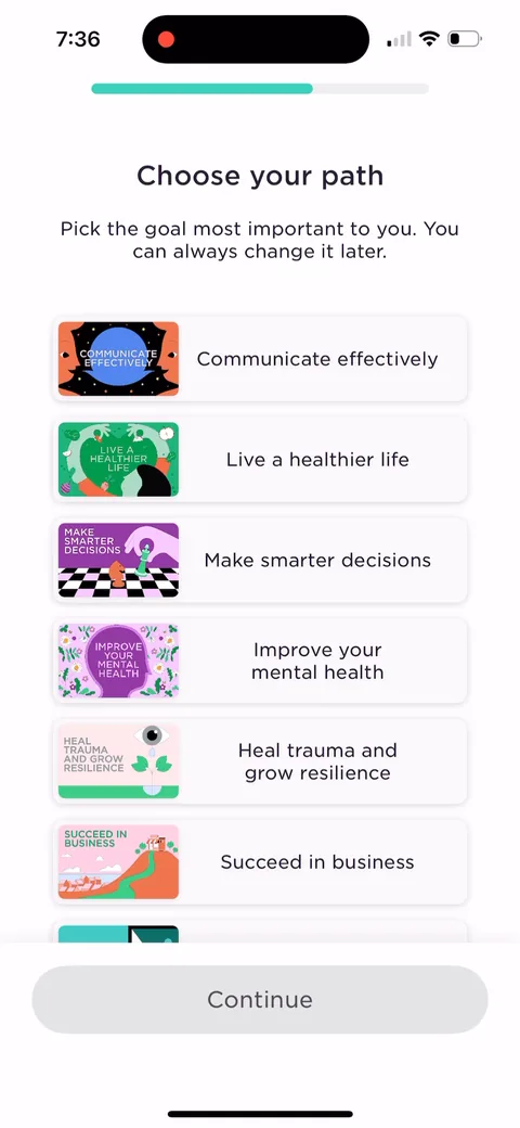 Imprint onboarding screen 27: 'Choose your path, pick the goal most important to you.' Single-select on purpose, 'you can always change it…