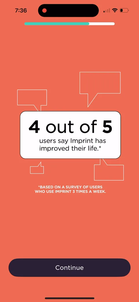 Imprint onboarding screen 31: '4 out of 5 users say Imprint has improved their life.' Strong stat, but the asterisk does the heavy lifting…