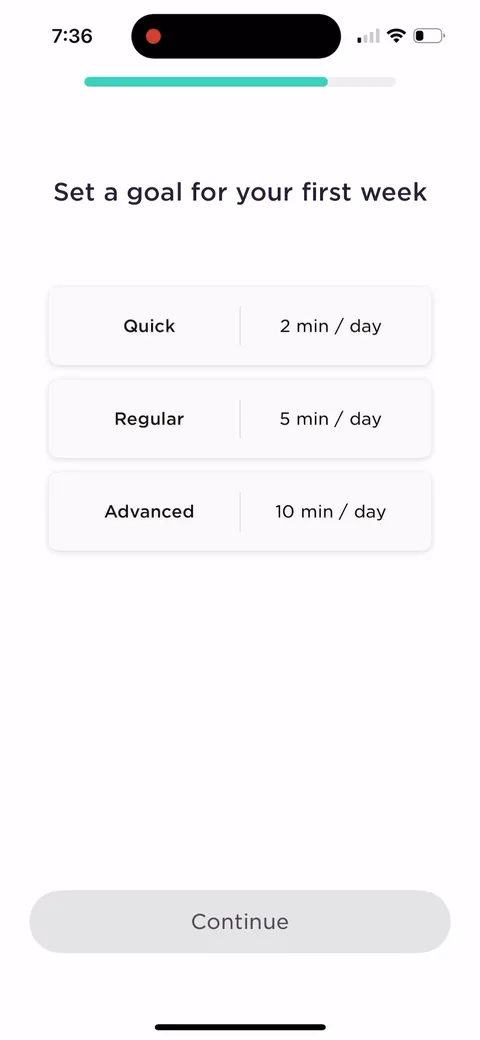 Imprint onboarding screen 33: 'Set a goal for your first week': Quick 2 min, Regular 5 min, Advanced 10 min