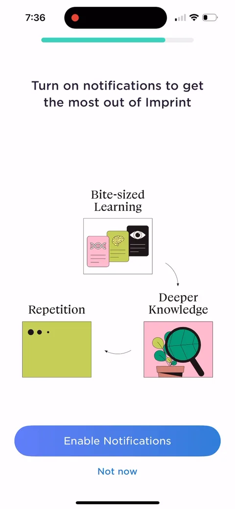 Imprint onboarding screen 35: Notification ask framed by benefit, not permission: 'bite-sized learning', 'deeper repetition', 'knowledge'…