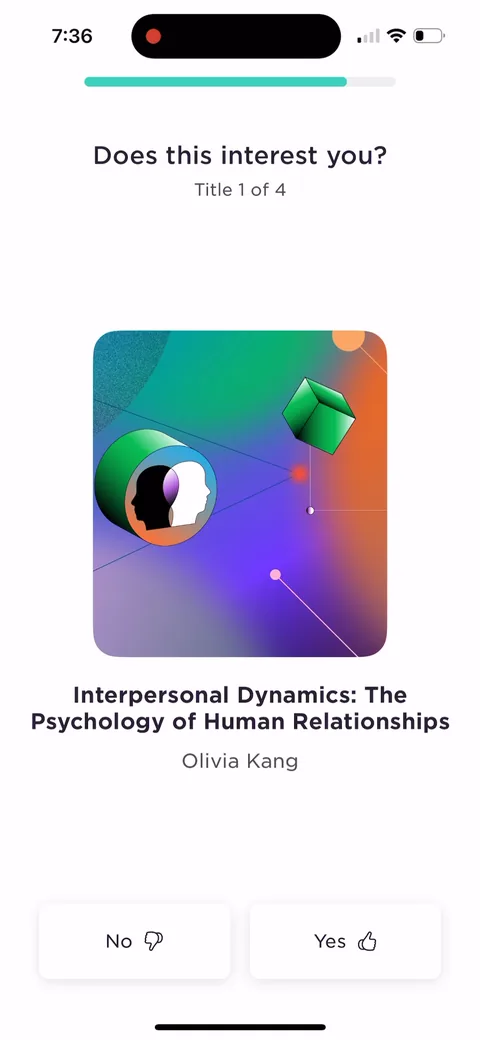 Imprint onboarding screen 36: 'Does this interest you?' with thumbs up/down on real titles like Atomic Habits, Flow, The 5 Second Rule…