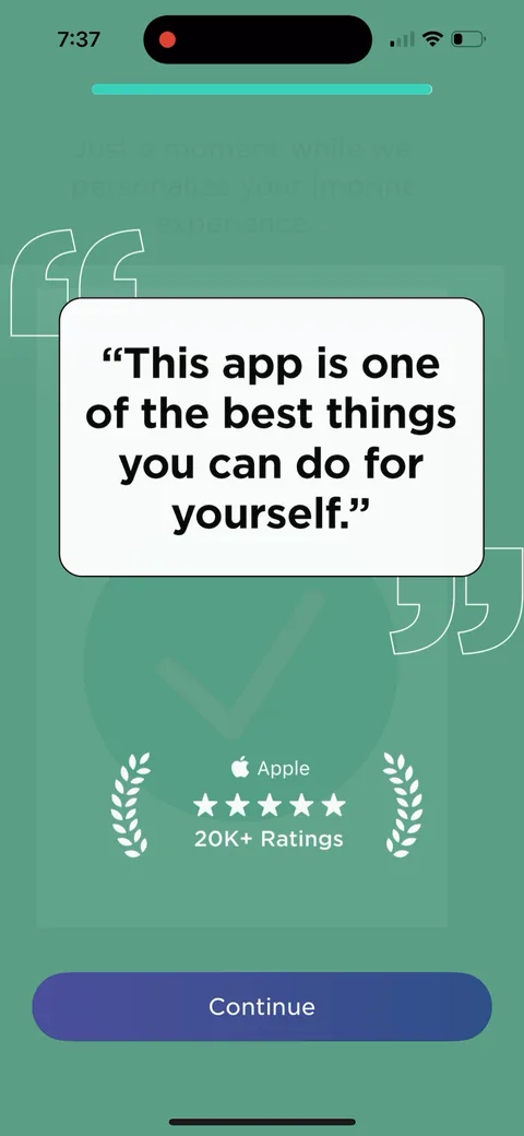 Imprint onboarding screen 42: Ratings card, 'one of the best things you can do for yourself', Apple, 20K+ ratings, sitting directly before…