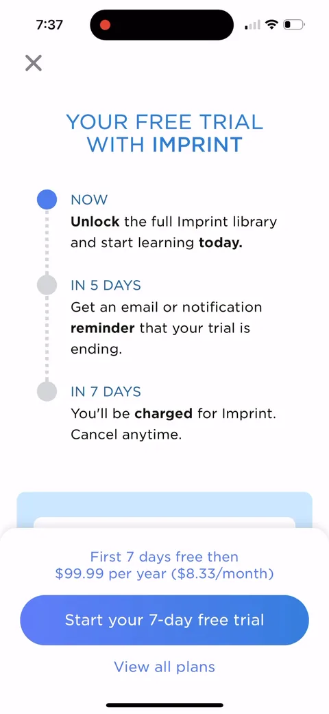 Imprint onboarding screen 43: The paywall is a trial timeline: NOW unlock everything, IN 5 DAYS reminder, IN 7 DAYS you're charged, cancel…