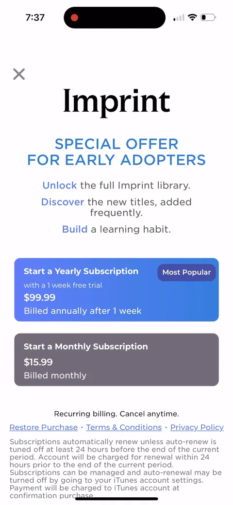 Imprint paywall with pricing, onboarding screen 45