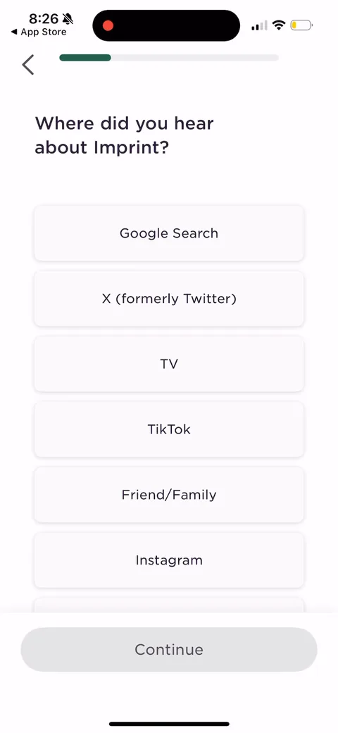 Imprint onboarding screen 7: The HDYHAU question