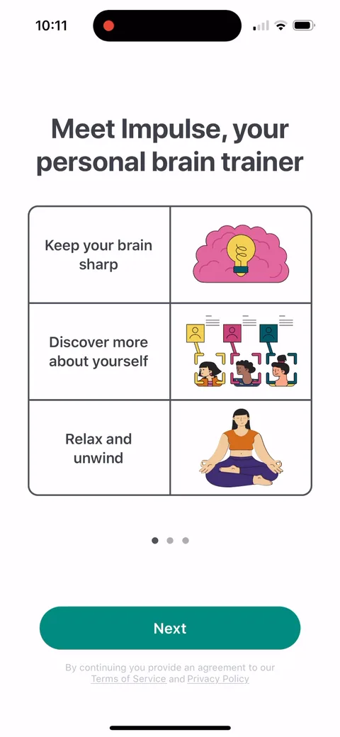 Impulse onboarding screen 4: 'Meet Impulse, your personal brain trainer' with three jobs: 'Keep your brain sharp', 'Discover more about…