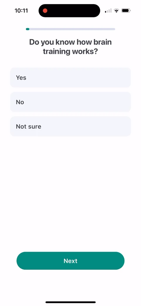 Impulse onboarding screen 8: 'Do you know how brain training works?' Whatever you answer, the next two screens explain it