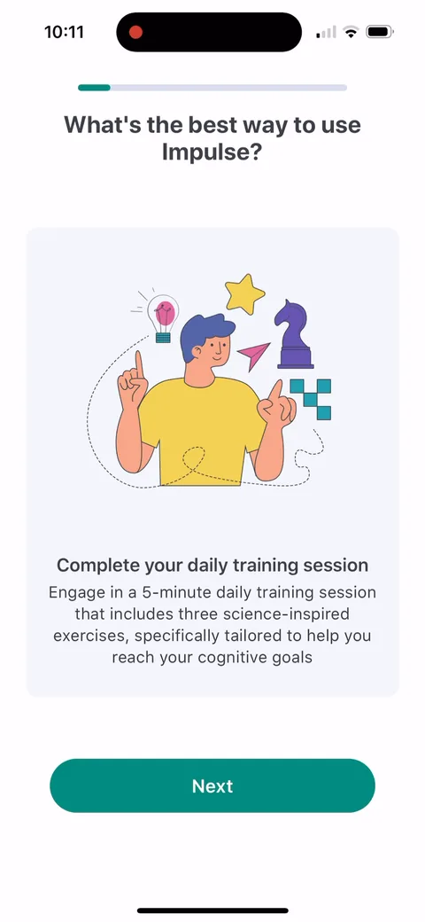 Impulse onboarding screen 9: 'Engage in a 5-minute daily training session that includes three science-inspired exercises.' Sets the habit…