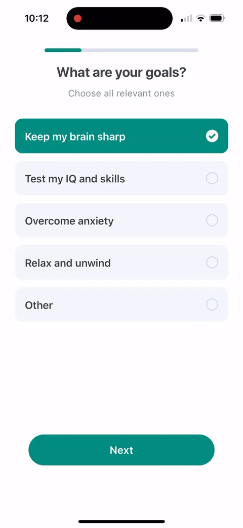 Impulse onboarding screen 11: Goals as multi-select, 'choose all relevant ones'