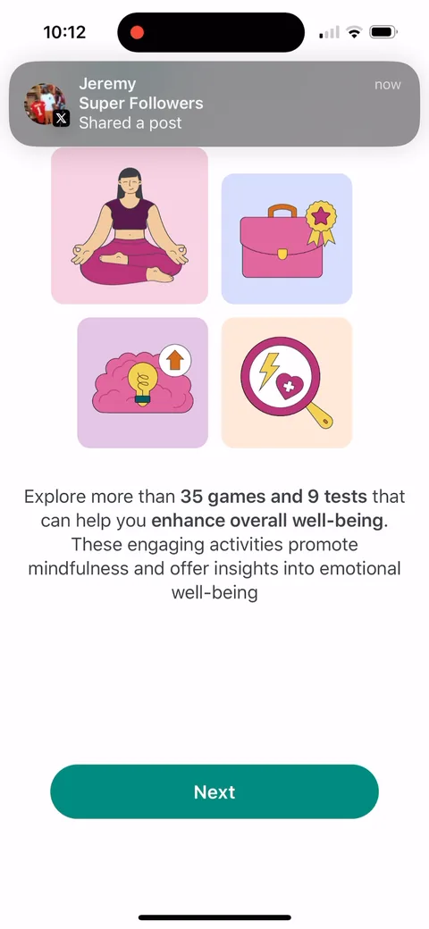 Impulse onboarding screen 14: Echoes the answer: 'Explore more than 35 games and 9 tests that can help you enhance overall well-being.'…