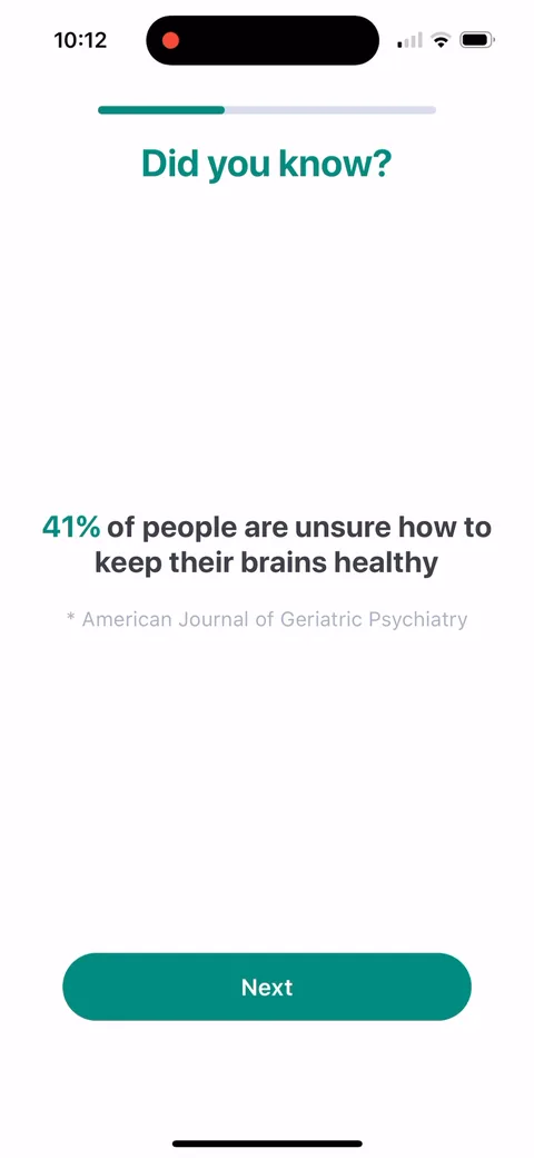 Impulse onboarding screen 15: '41% of people are unsure how to keep their brains healthy', cited to the American Journal of Geriatric…