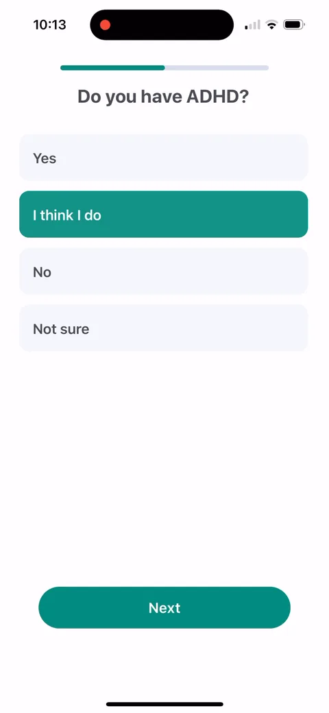 Impulse onboarding screen 18: 'Do you have ADHD?' A segmenting question