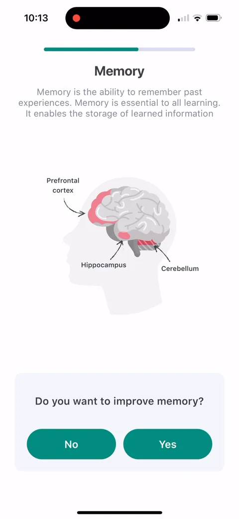 Impulse onboarding screen 28: 'Memory' with a brain diagram and 'Do you want to improve memory?' Yes/No
