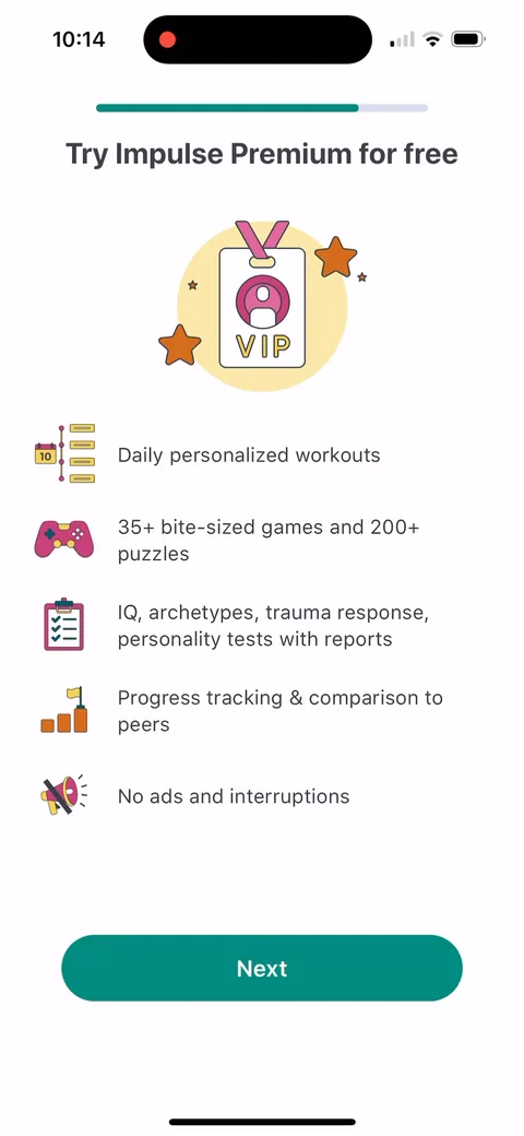 Impulse onboarding screen 31: 'Try Impulse Premium for free' with a VIP badge and a feature list: personalized workouts, 35+ games and 200+…