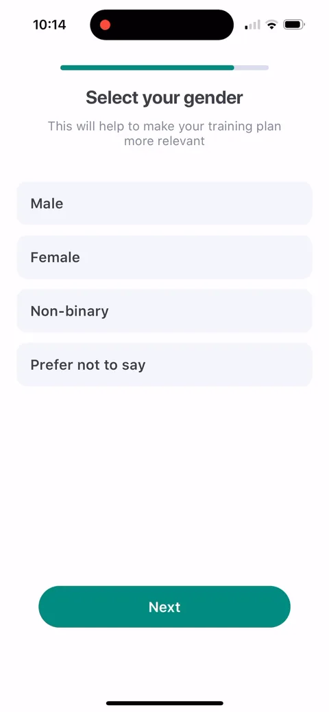 Impulse onboarding screen 33: 'Select your gender