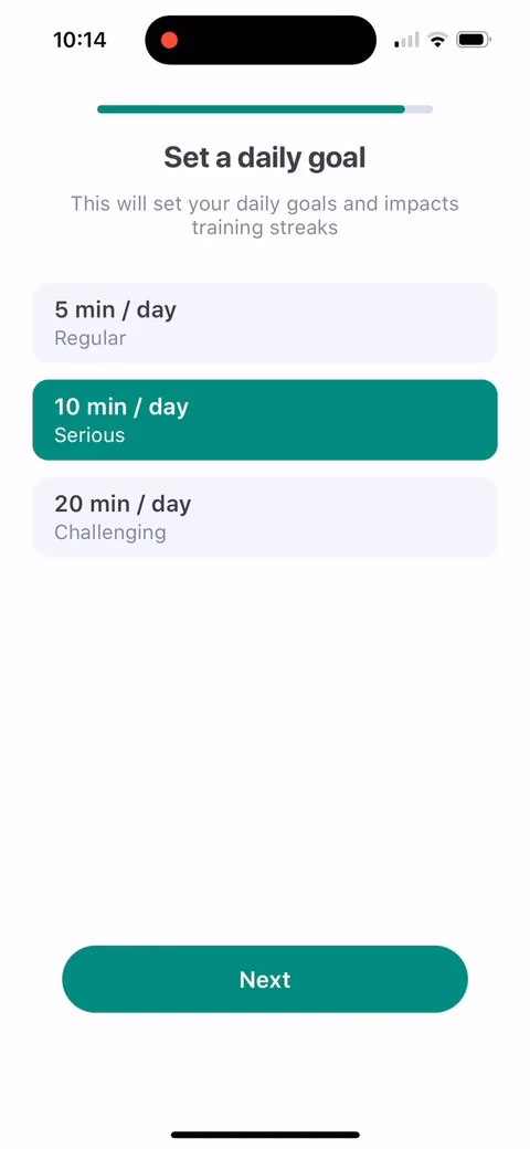 Impulse onboarding screen 34: 'Set a daily goal': 5 min Regular, 10 min Serious, 20 min Challenging