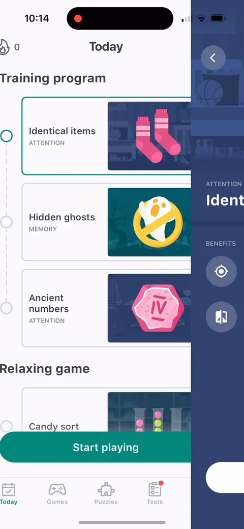 Impulse onboarding screen 41: Today tab: a 'Training program' of three games (Identical items, Hidden ghosts, Ancient numbers) plus a…