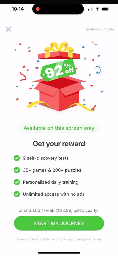 Impulse onboarding screen 44: 'Available on this screen only': $28.99 billed yearly, framed as 'Just $0.56 / week' with '92% off' on the box
