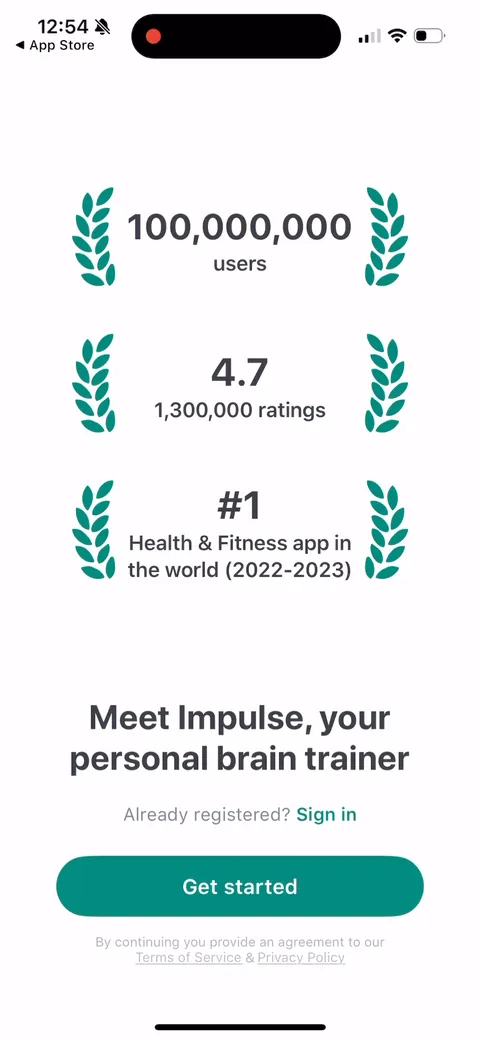 Impulse onboarding screen 1: 100,000,000 users, 4.7 from 1.3M ratings, #1 Health & Fitness app, all stacked under laurels above the fold