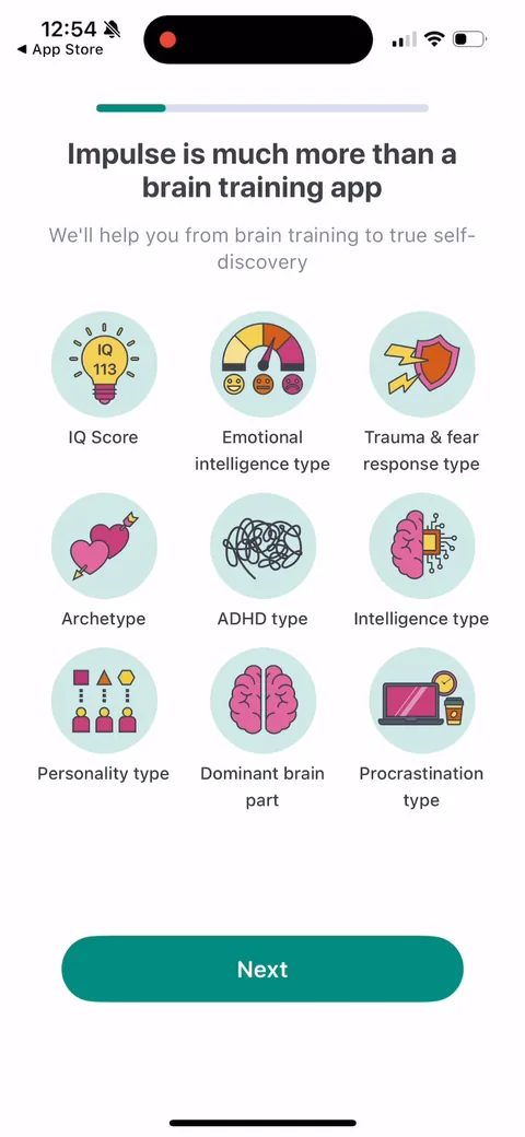 Impulse onboarding screen 4: 'Impulse is much more than a brain training app.' They reframe a games app as self-discovery: IQ score…