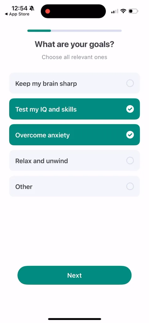 Impulse onboarding screen 5: Goals as multi-select, 'choose all relevant ones.' Good, people come for more than one reason