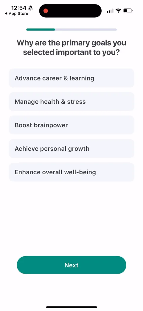 Impulse onboarding screen 6: A follow-up asking why those goals matter to you