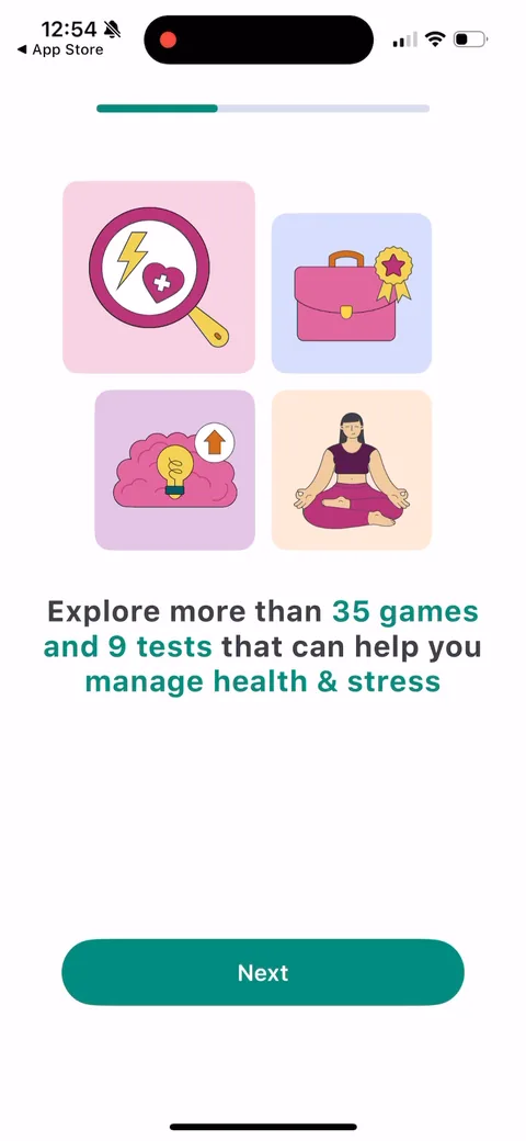 Impulse onboarding screen 8: 'Explore more than 35 games and 9 tests that can help you manage health & stress.' That last line is pulled…