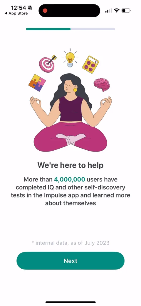 Impulse onboarding screen 10: 'More than 4,000,000 users have completed IQ and other self-discovery tests.' Social proof dropped right when…