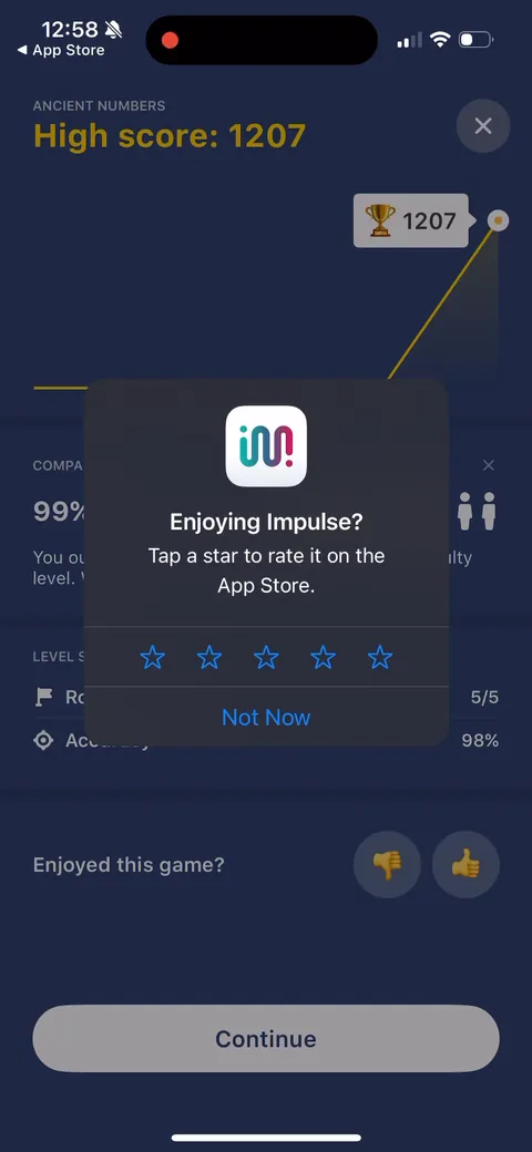 Impulse onboarding screen 101: Rate prompt drops after two games while you're on a high-score screen
