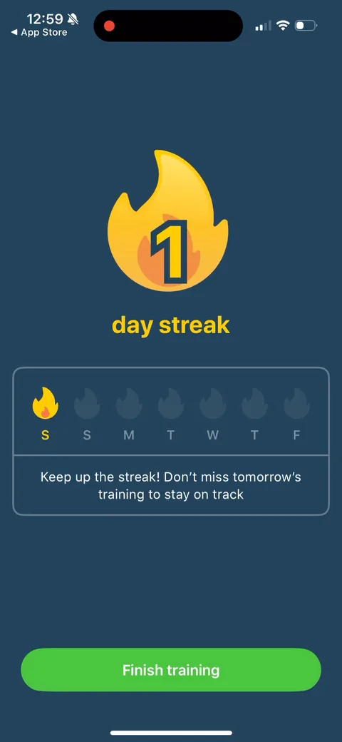 Impulse onboarding screen 104: Day-one streak screen with the flame and a week grid: 'Don't miss tomorrow's training.' Loss aversion and…