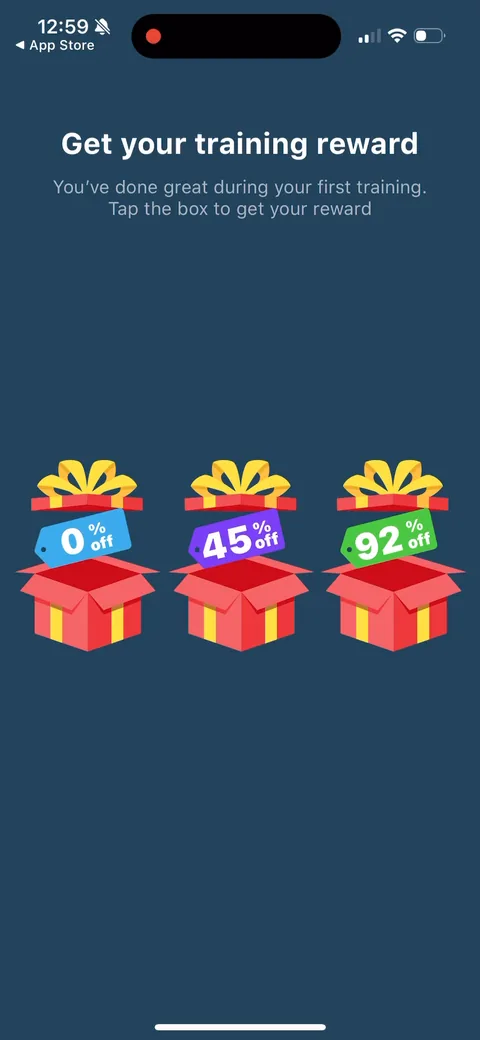 Impulse onboarding screen 105: 'Tap the box to get your reward.' A variable-reward unwrap after the first training