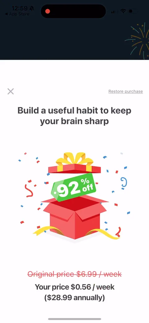 Impulse onboarding screen 108: Second paywall after gameplay, now with the discount