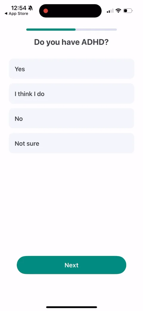 Impulse onboarding screen 11: 'Do you have ADHD?' with yes / I think I do / no / not sure