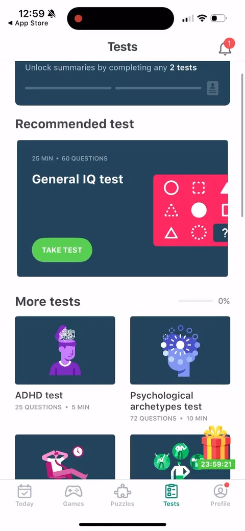 Impulse onboarding screen 117: 'Unlock summaries by completing any 2 tests,' with a progress bar at 0%
