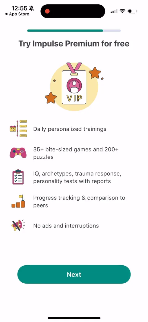 Impulse onboarding screen 16: Pre-paywall feature list framed as 'Try Impulse Premium for free.' Daily trainings, 35+ games, the tests…