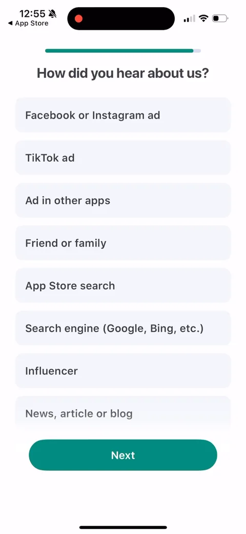 Impulse onboarding screen 22: 'How did you hear about us' mid-onboarding