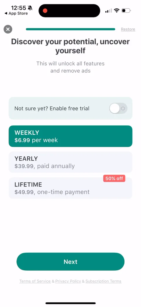 Impulse onboarding screen 25: First paywall after the quiz, before any game